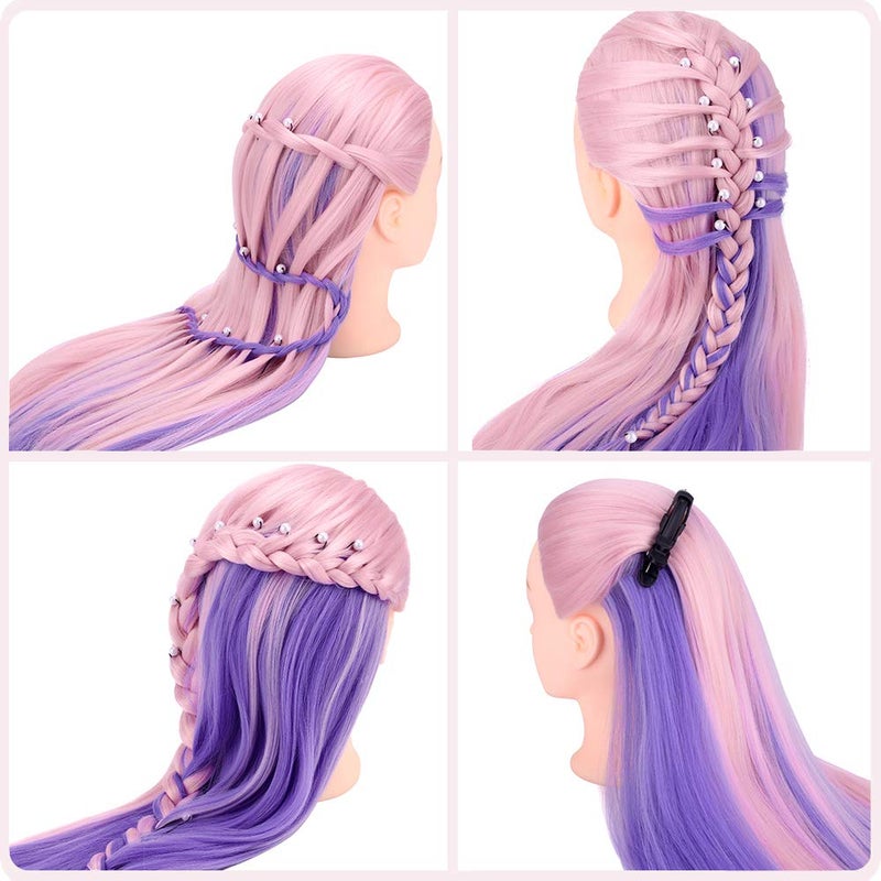 TopDirect 29" Mannequin Head with Hair,Doll Head for Cosmetology Hair Styling Training Head,Manikin Braiding Head With Clamp Holder and Styling Tools (Pink Purple) - Image 3